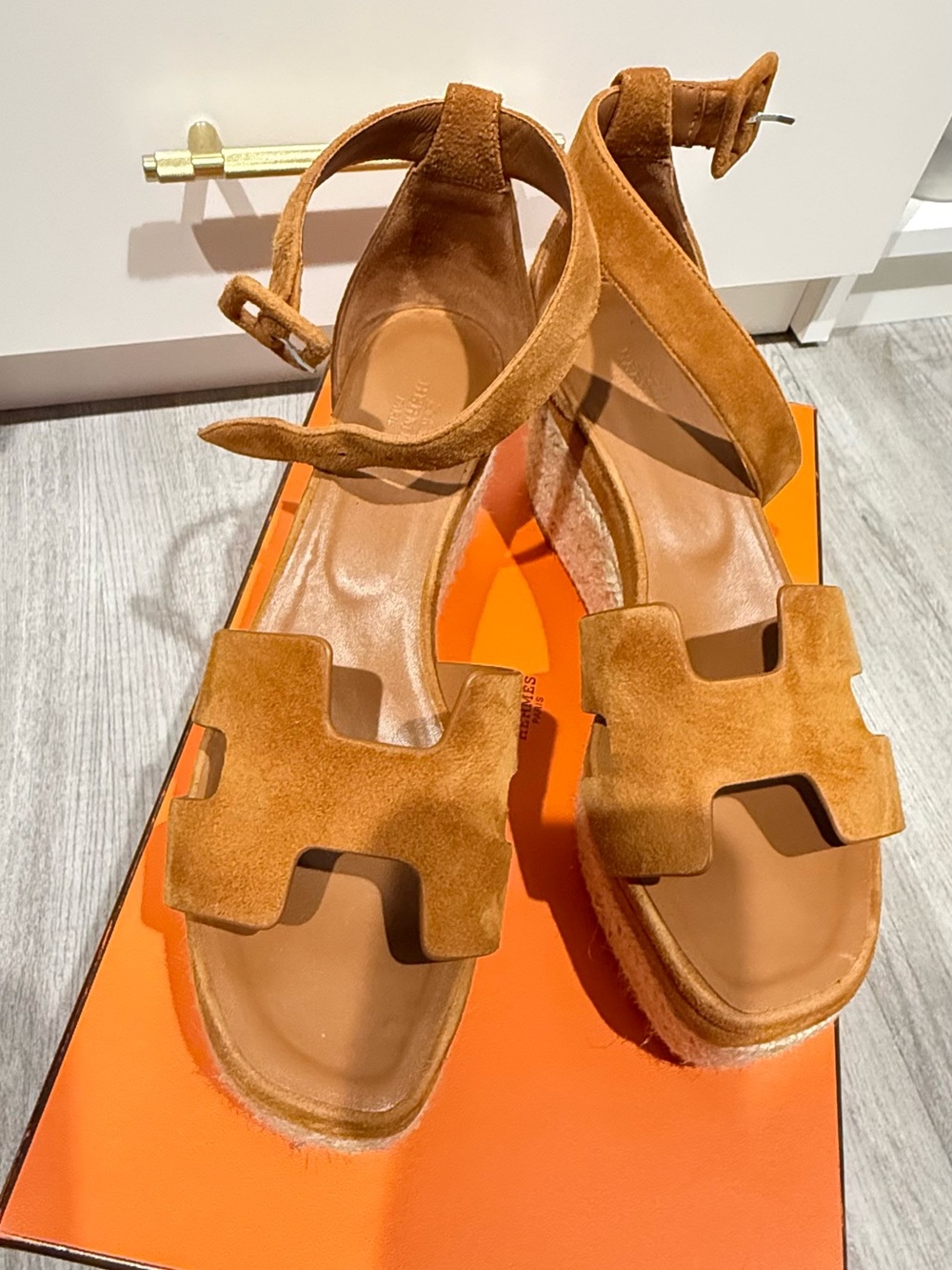 Hermes Chestnut Brown Suede Wedge Sandals with Ankle Strap